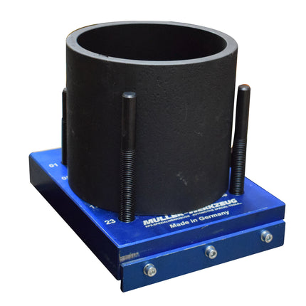 black press ring shown on top of blue press block 08770000 held with spindles screwed into the block.