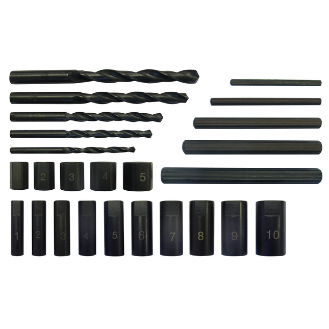 A set of black screw extractors with various sizes, including drill bits and guide sleeves, displayed on a white background.
