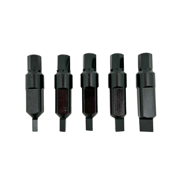 Set of five screw extractor bits with triangular shaped heads