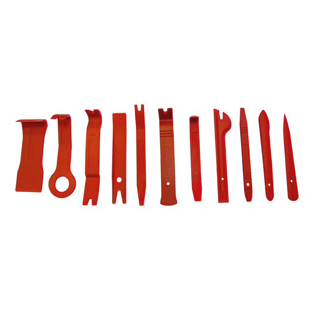 A set of red non-marking trim tools of various shapes and sizes.