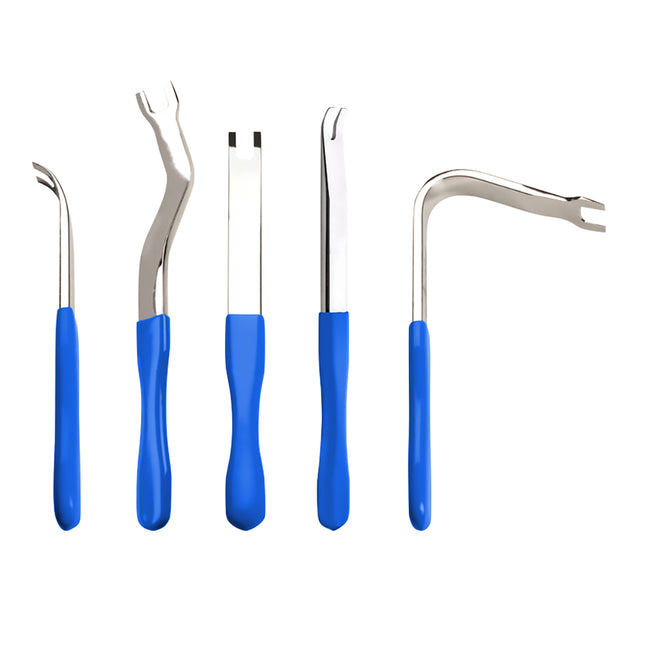 A set of five blue-handled trim clip lifters of various shapes and sizes for automotive trim removal.