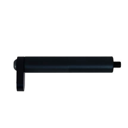 Black metal cylindrical tool with threaded ends used to set rear ride height on tesla vehicles