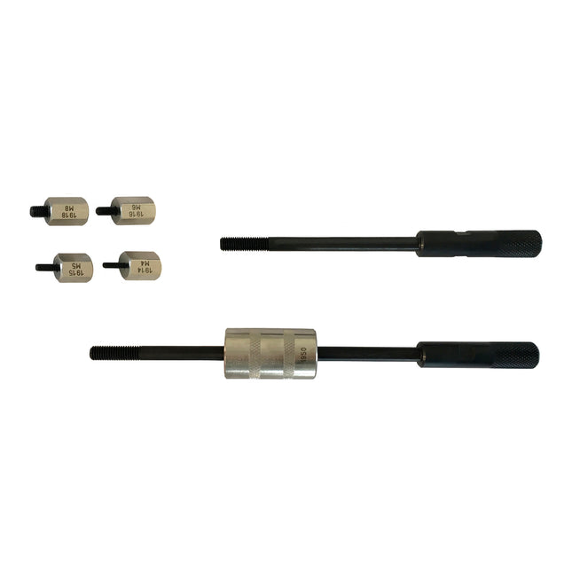 A threaded stud extractor kit including a slide hammer and four adaptors 