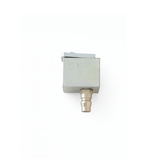 Square metal component with threaded fitting on a white background