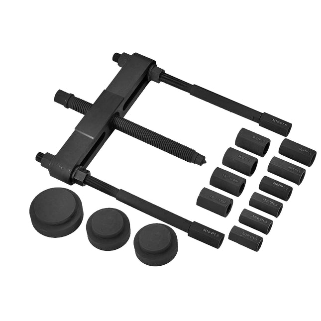 A black metal HGV hub puller kit with 3 pressure pads, and 6 sets of adaptors
