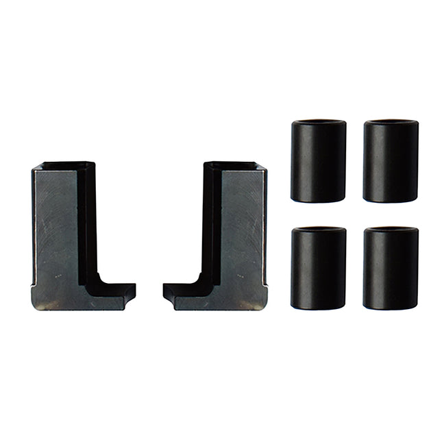 A set of black metal puller parts, including two pairs of setting sleeves and corresponding legs for a mechanical puller.