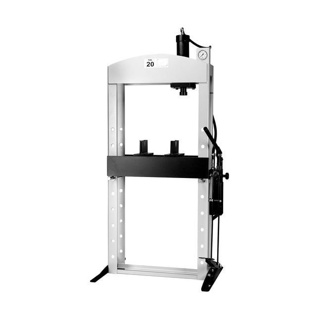 Silver Series 20T Hydraulic Workshop Press with a two-speed manual pump, overload safety valve, and V blocks on a heavy-duty steel frame.