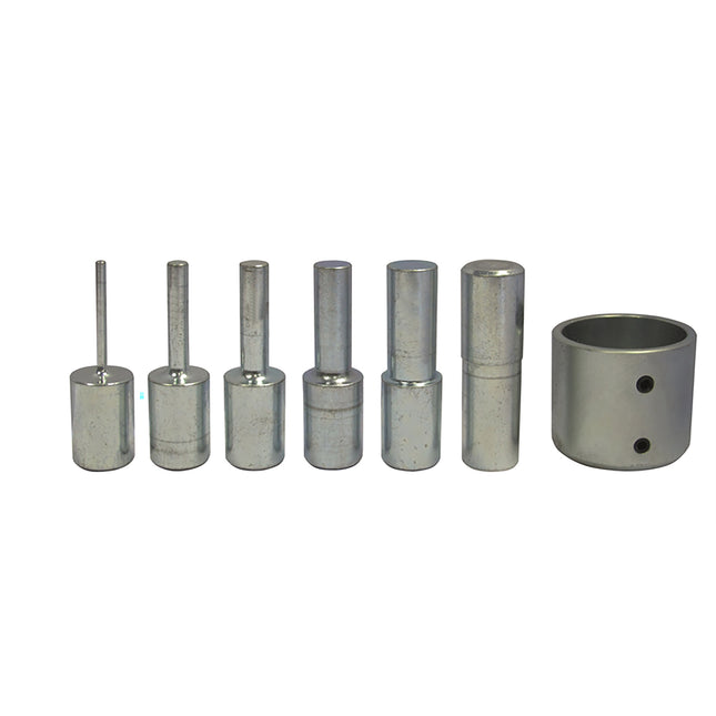 A set of metal press pieces of various sizes with a shiny silver finish, commonly used for hydraulic lifting and handling tools.