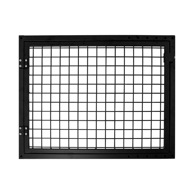 A black metal press guard with a grid-like pattern, designed to protect personnel from hydraulic presses.