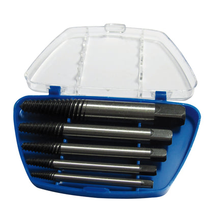 screw extractor set containing 5 lh spiral bits of various sizes in a blue plastic case
