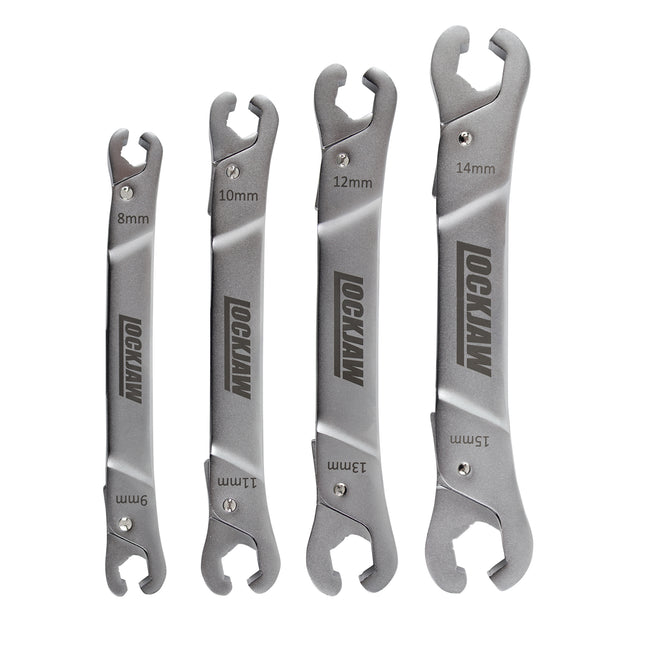 4 lockjaw ratcheting line wrenches of various sizes.