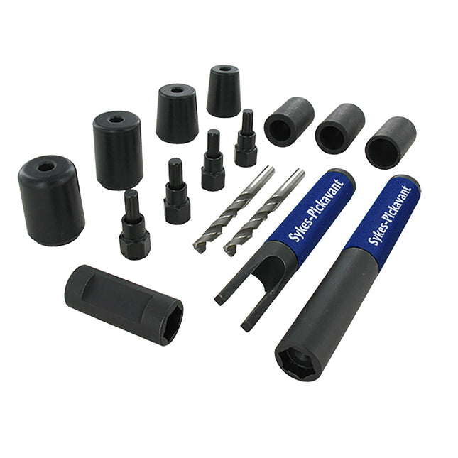components of locking wheel nut removal kit, mutliple components including centering guides, drills, extractors and other parts required to remove locking wheel nuts