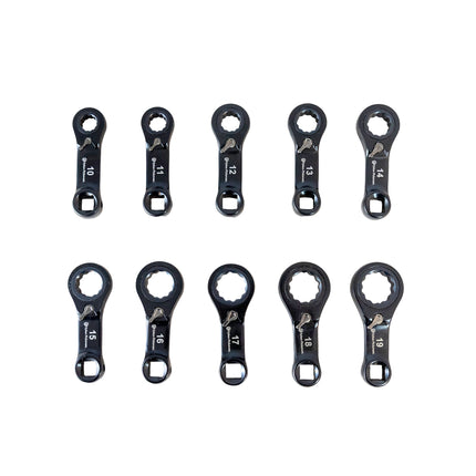 set of 10 ratcheting ring torque adaptors with sizes 10to 19mm showing