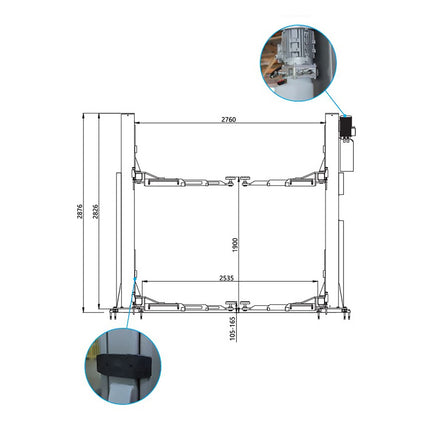 Dimensions - Symmetric Electro-Hydraulic 2 Post Lift 